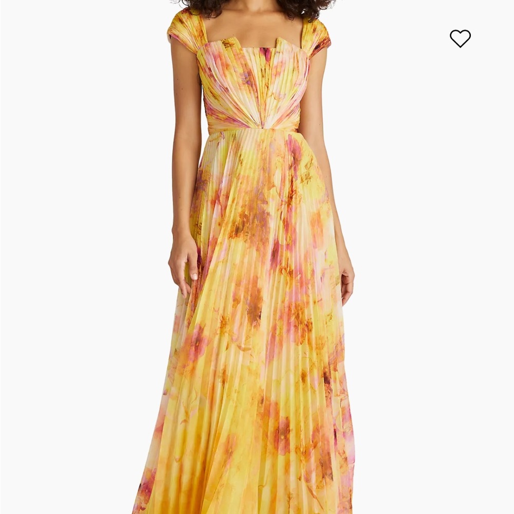 Theia Yellow Pleated Gown with Sweetheart Neckline